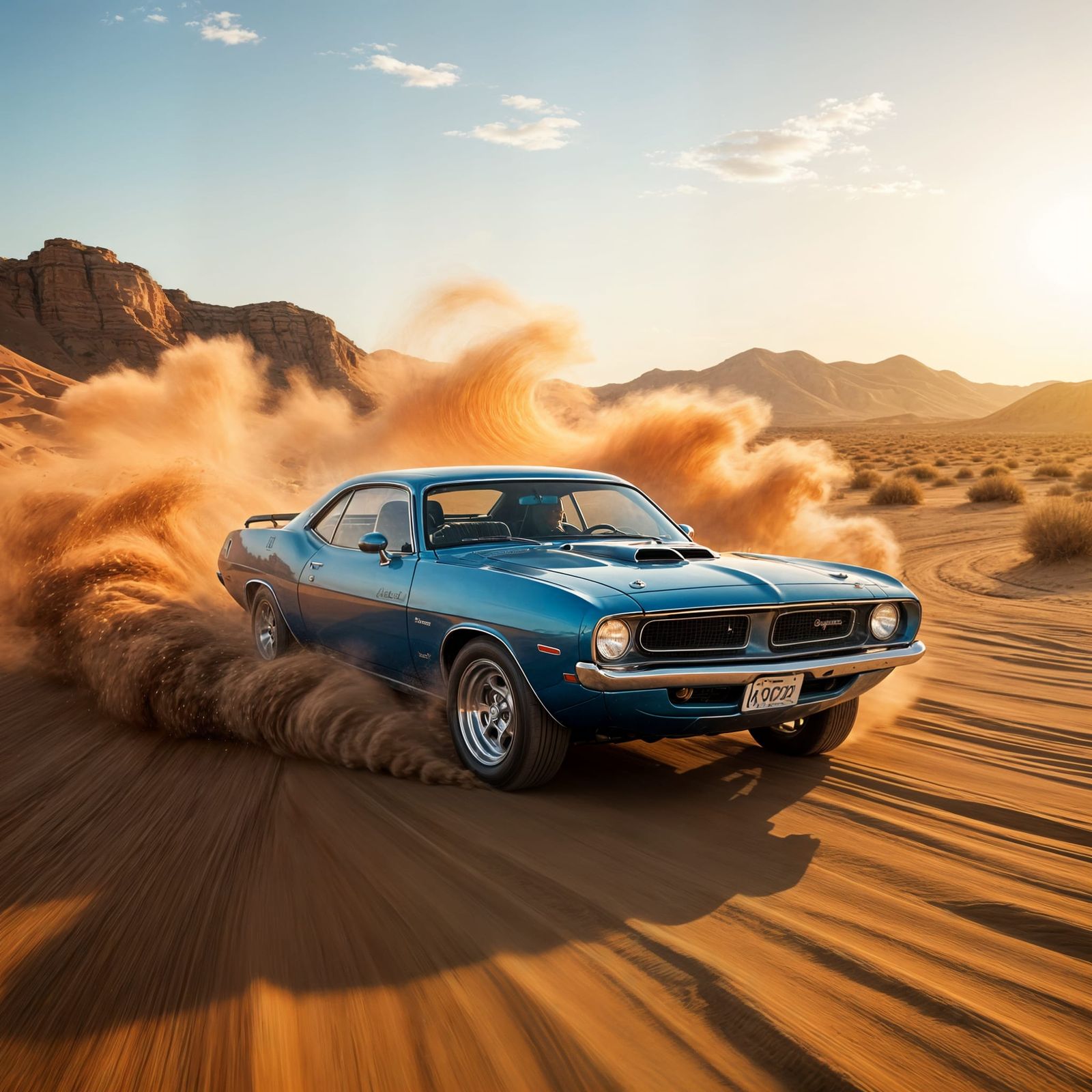 Action shot. A 1970 Plymouth Barracuda Driving in the Dusty Desert   by @Susan