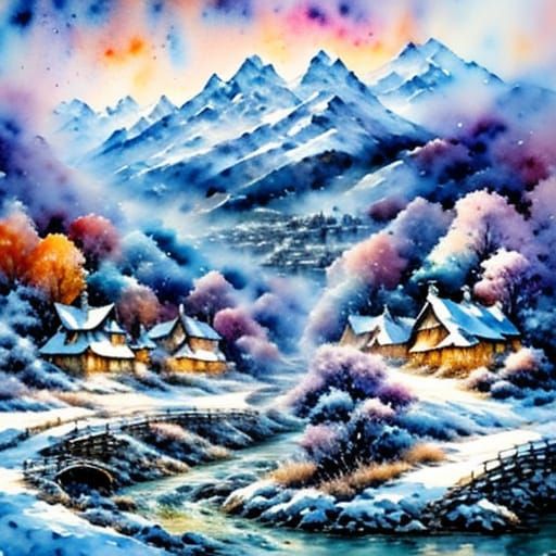 Watercolor Village Scene with Snowy Mountains and Harbour