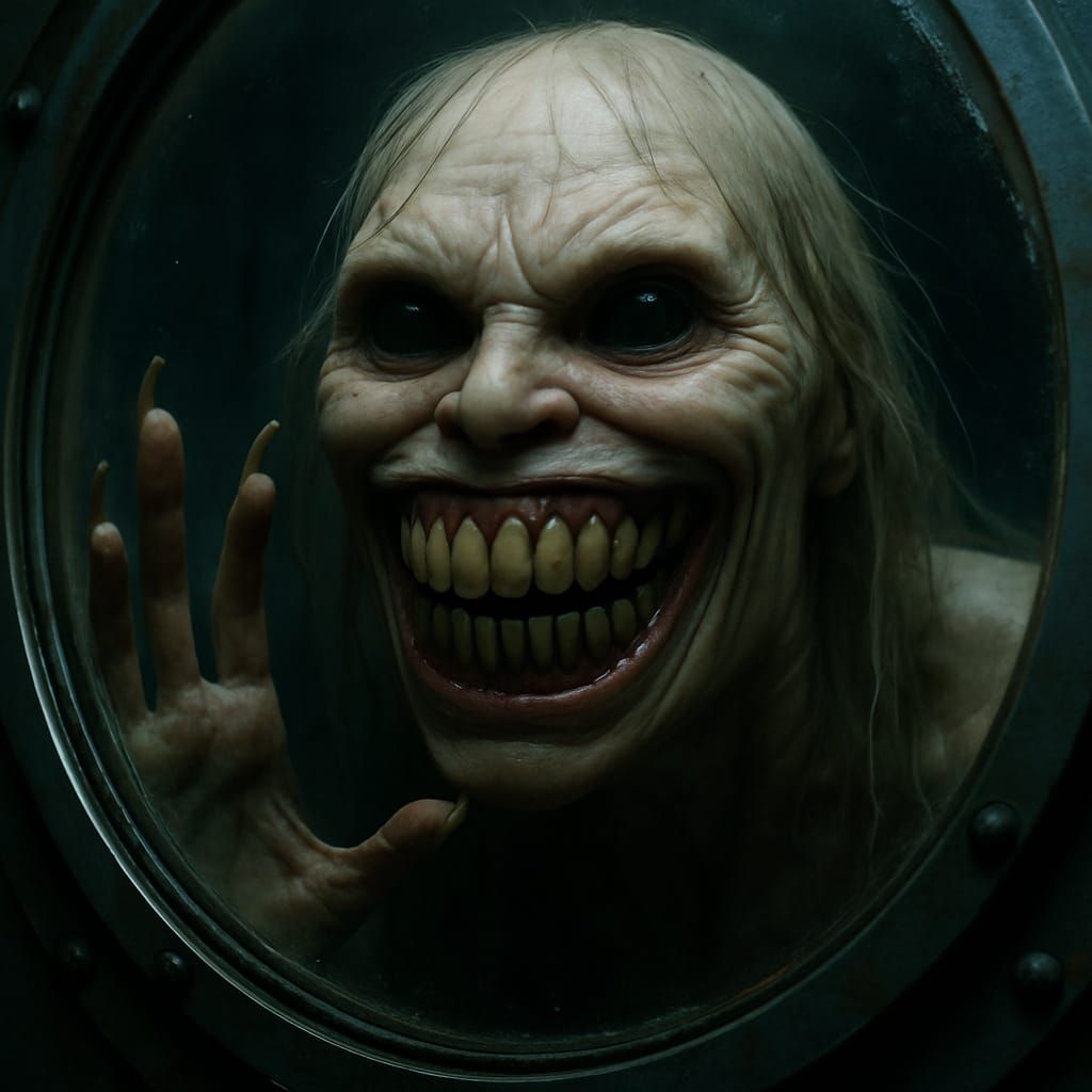 Terrifying pure evil grinning folklore female siren staring right at you through the window of your submersible underwat...