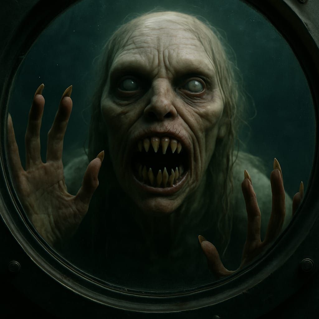Terrifying pure evil grinning folklore female siren staring right at you through the window of your submersible underwat...