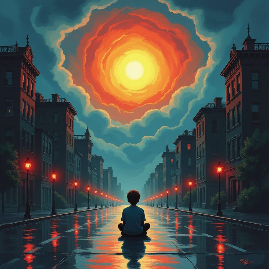 Surreal Boy on Wet Street Under Giant Sun