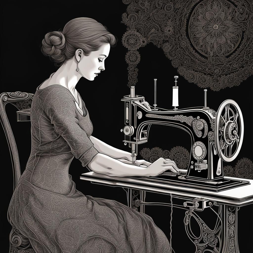 woman sewing at antique sewing machine  by @Amethystmoonsong
