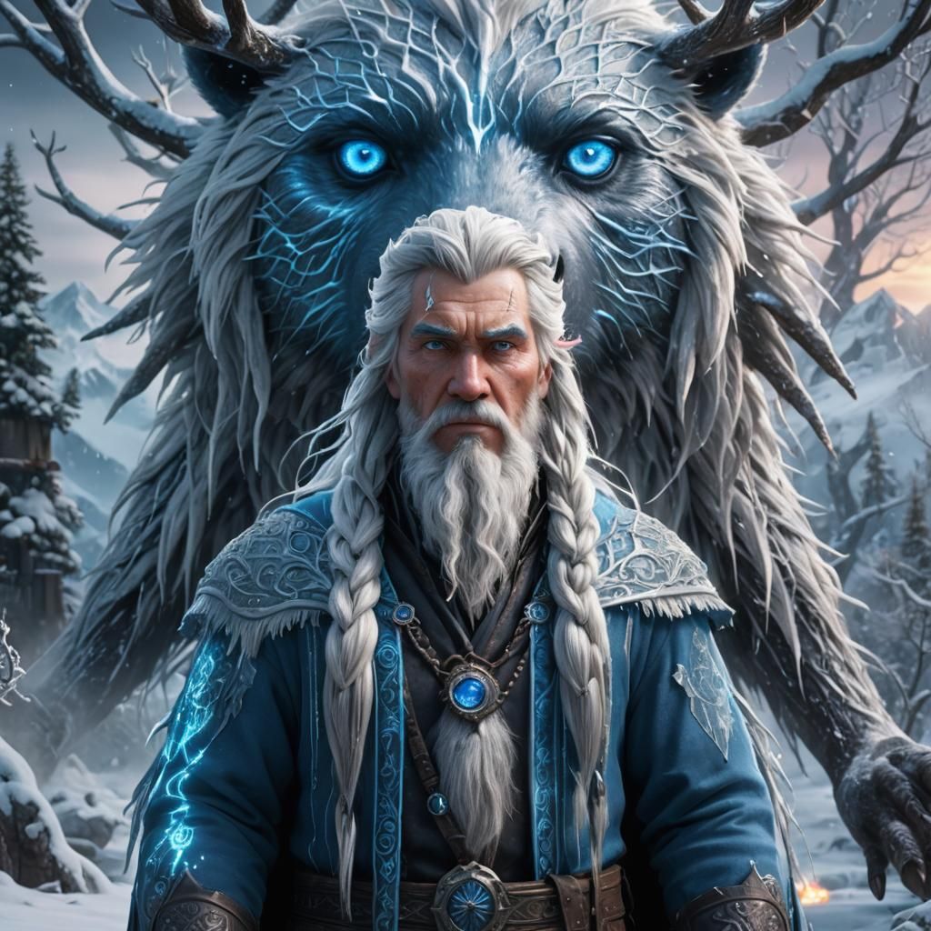 Frozen Wizard with Neon Blue Eye, Digital Art
