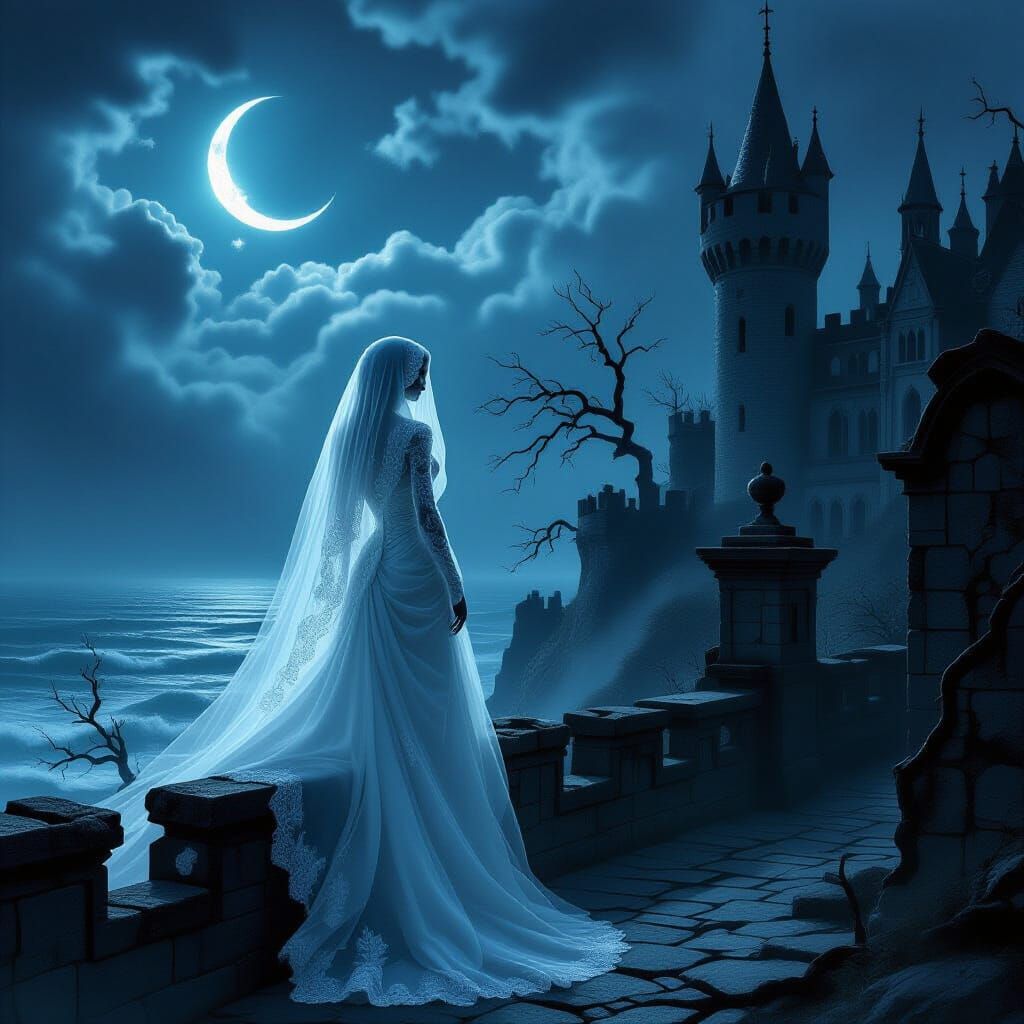 A hauntingly beautiful ghost bride, her translucent form adorned with spectral lace, stands on the crumbling battlements of a gothic castle ...