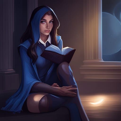 Ravenclaw Girl with Owl in Moonlit Library