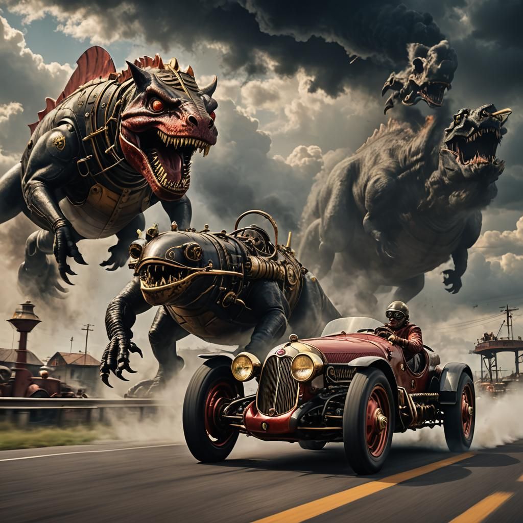 race track scene, a steampunk 1950s red ALFA ROMEO GP TIPO 1...