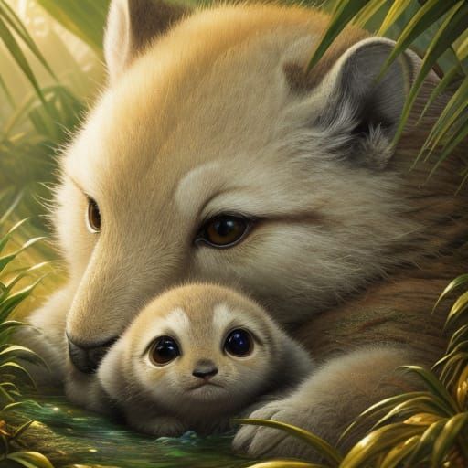 Surreal Digital Painting of Tender Mother and Baby Animal