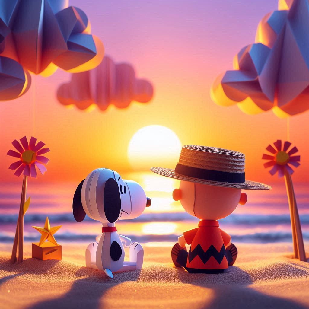 Snoopy and Charlie brown in a summer day watching a sunset at the beach, like friends forever