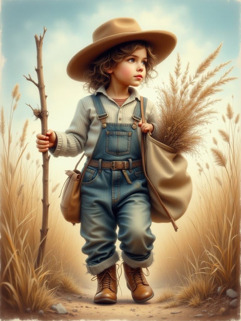 Child Explorer in Vintage Clothes on Nature Journey