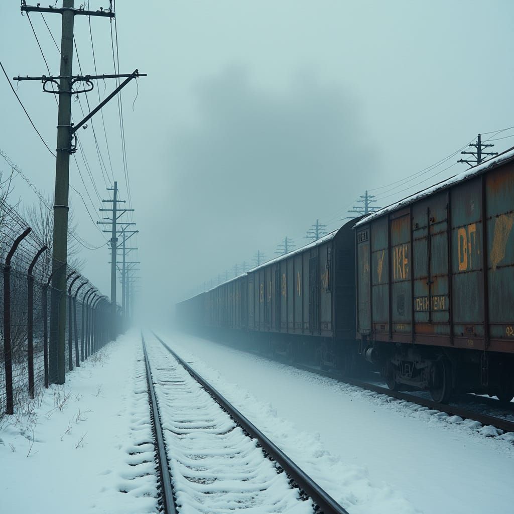 Eerie Train Exiting Concentration Camp in Dark Surrealism