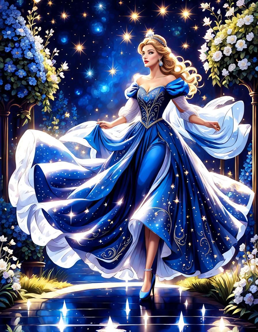 Cute beautiful woman Cinderella wearing a (dazzling magical deep blue ...