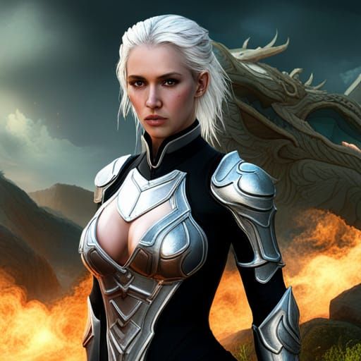 young woman with silver blonde hair wearing black armour and...