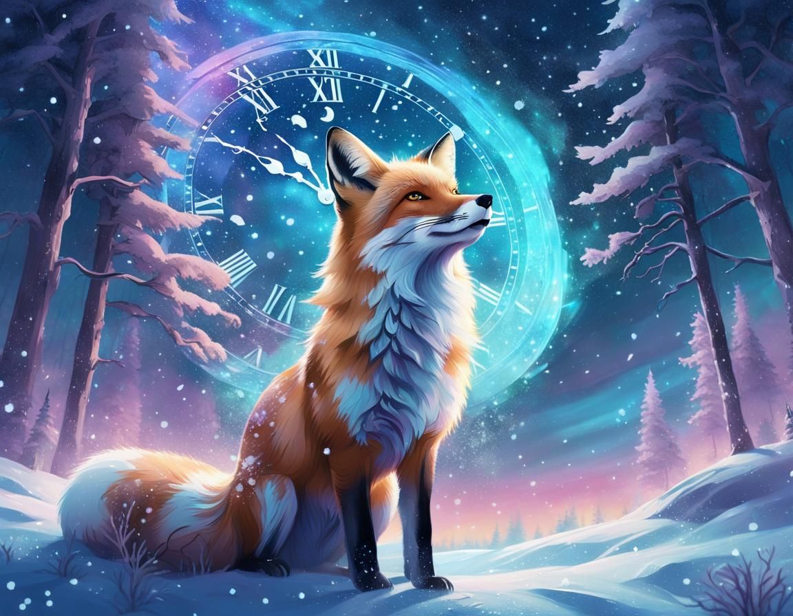 Fox Gazes at Clock in Starry Winter Forest