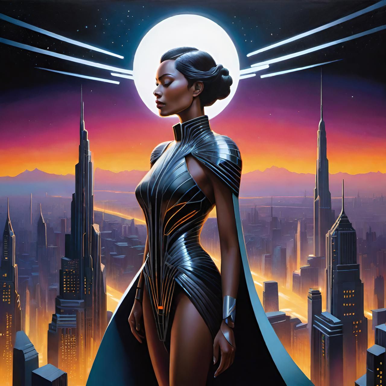 Woman in a minimalist, art-deco cityscape, her body sculpted...