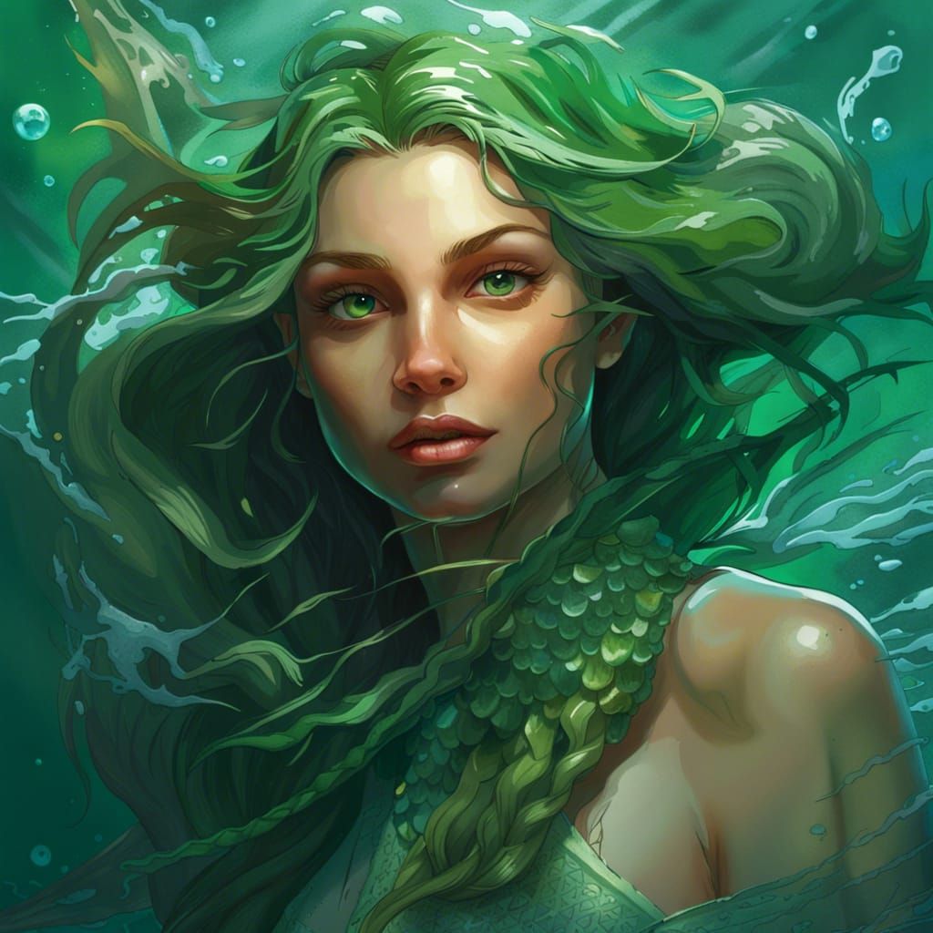 A beautiful green-eyed mermaid swimming in shark infested waters - AI ...