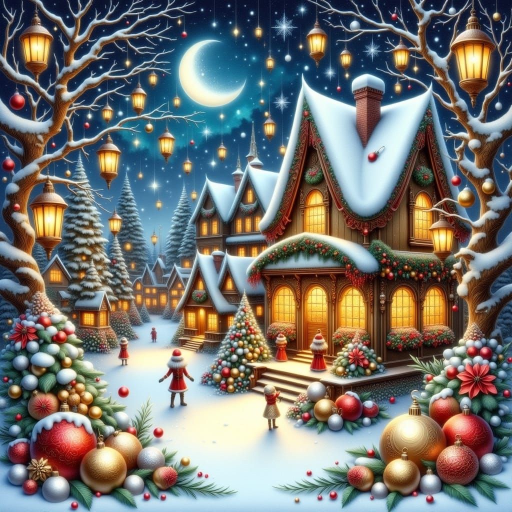 <lora:Winter Feiertage:1.0> Jingle Bells, golden lanterns and Ornaments all around in a snow covered landscape 