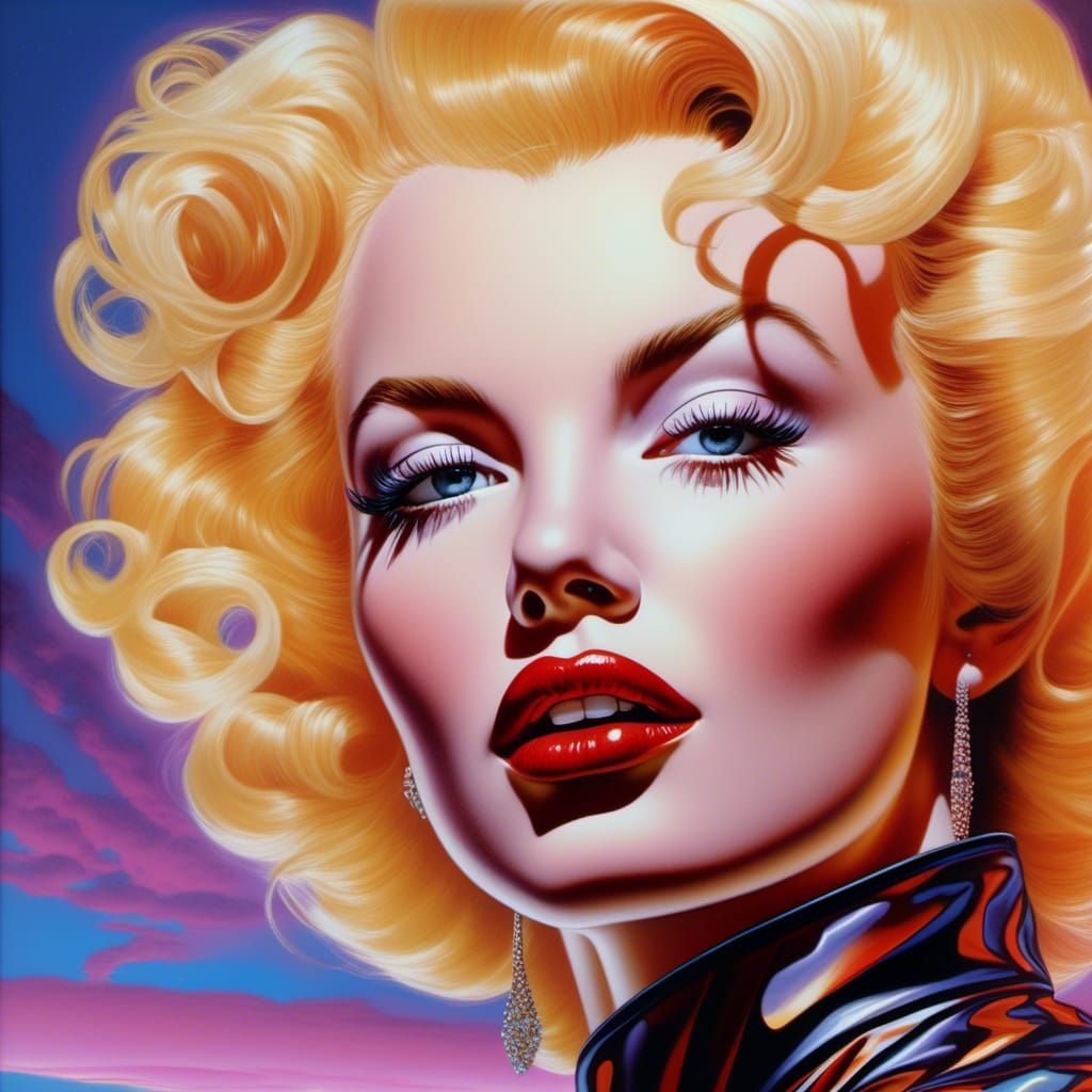 highly detailed PHOTOREALISTIC  INTRICATE alluring (YOUNG MARILYN MONROE BY JIM BURNS) medium shot in 80S leather fashion style, BY alex ros...