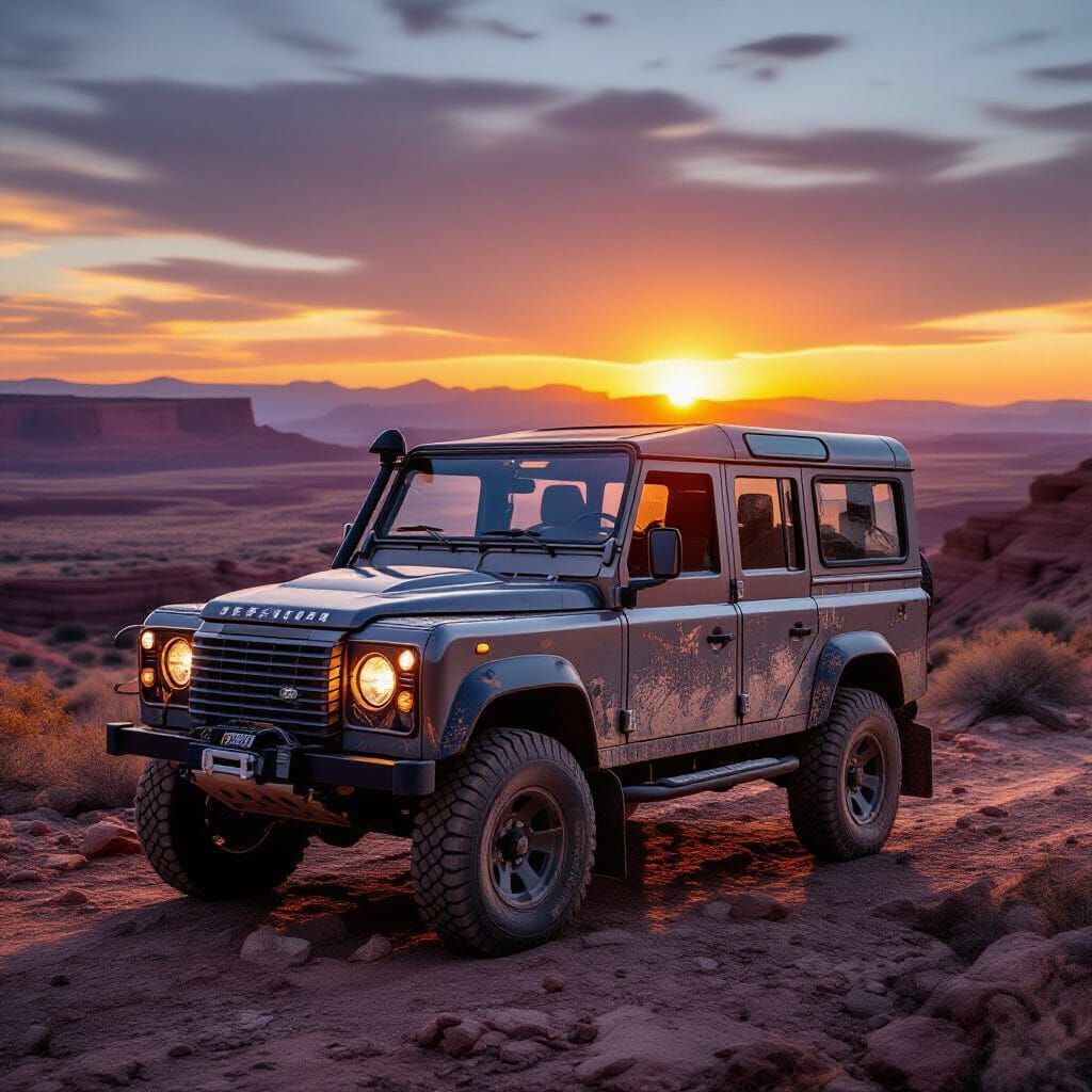 Rugged Land Rover Defender at Desert Sunset