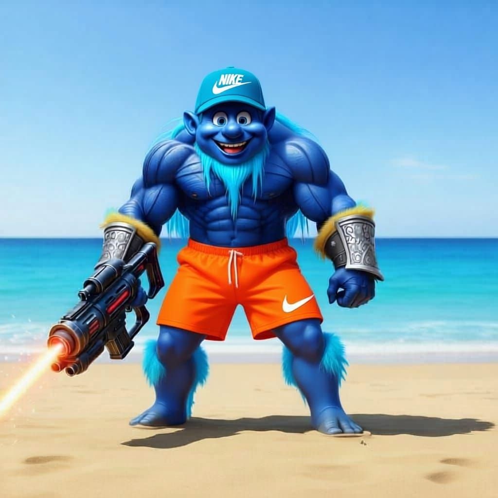 Smurf warrior is at the beach