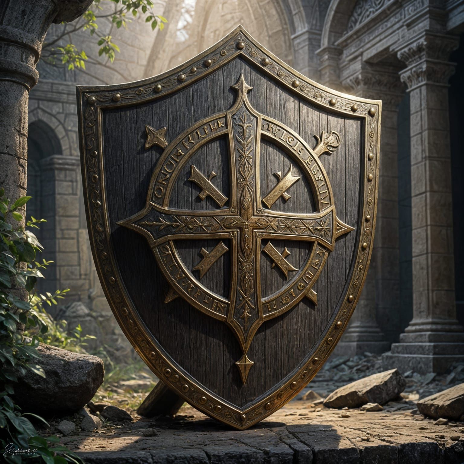 A knights templar shield, mesmerizing engraved ancient lettering on the shield,in the style of realism,made of brass, cinematic lighting, ci...