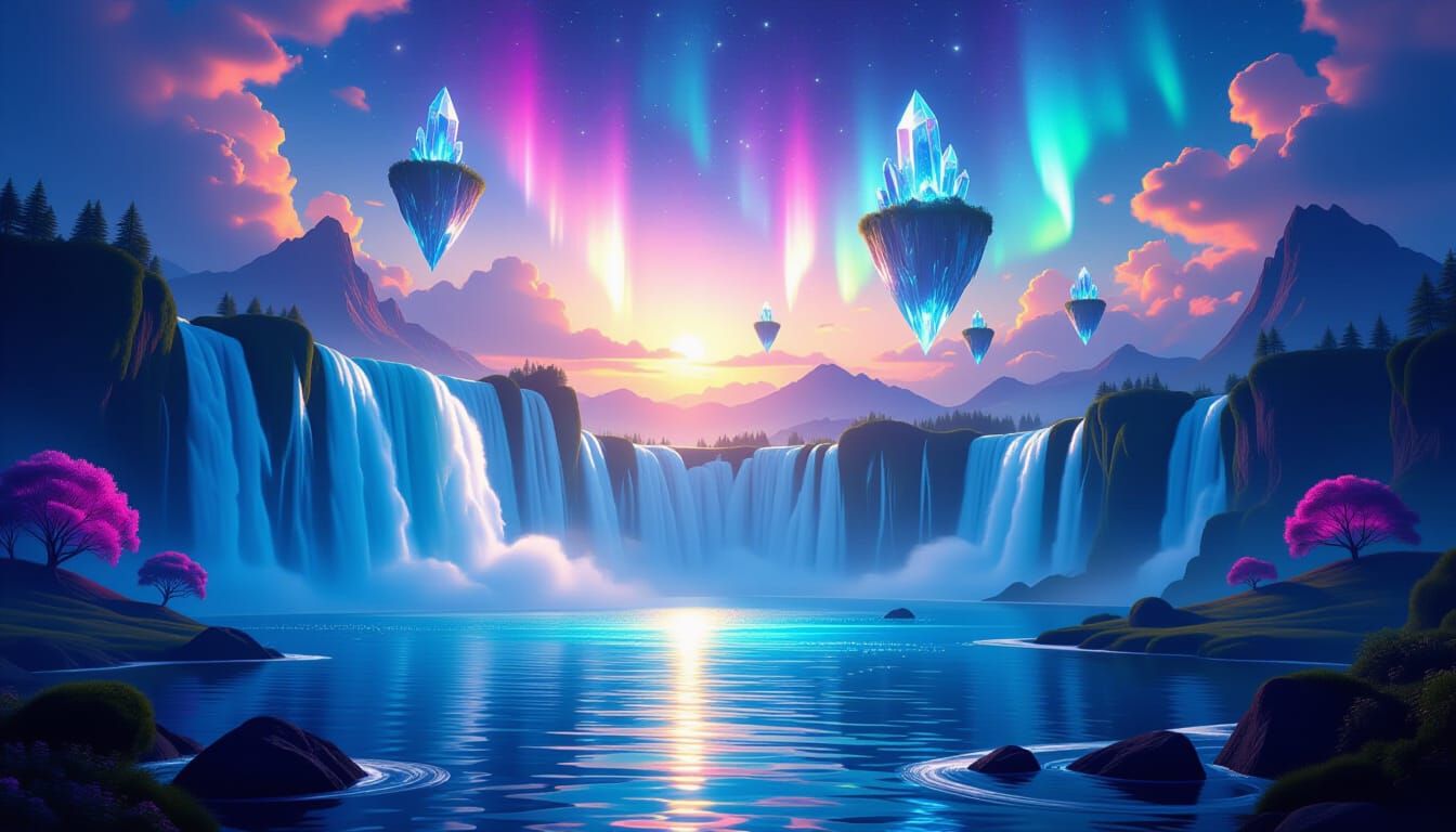 A breathtaking surreal landscape where nature and imagination collide: a giant crystal waterfall cascading into a glowing lake, with floatin...