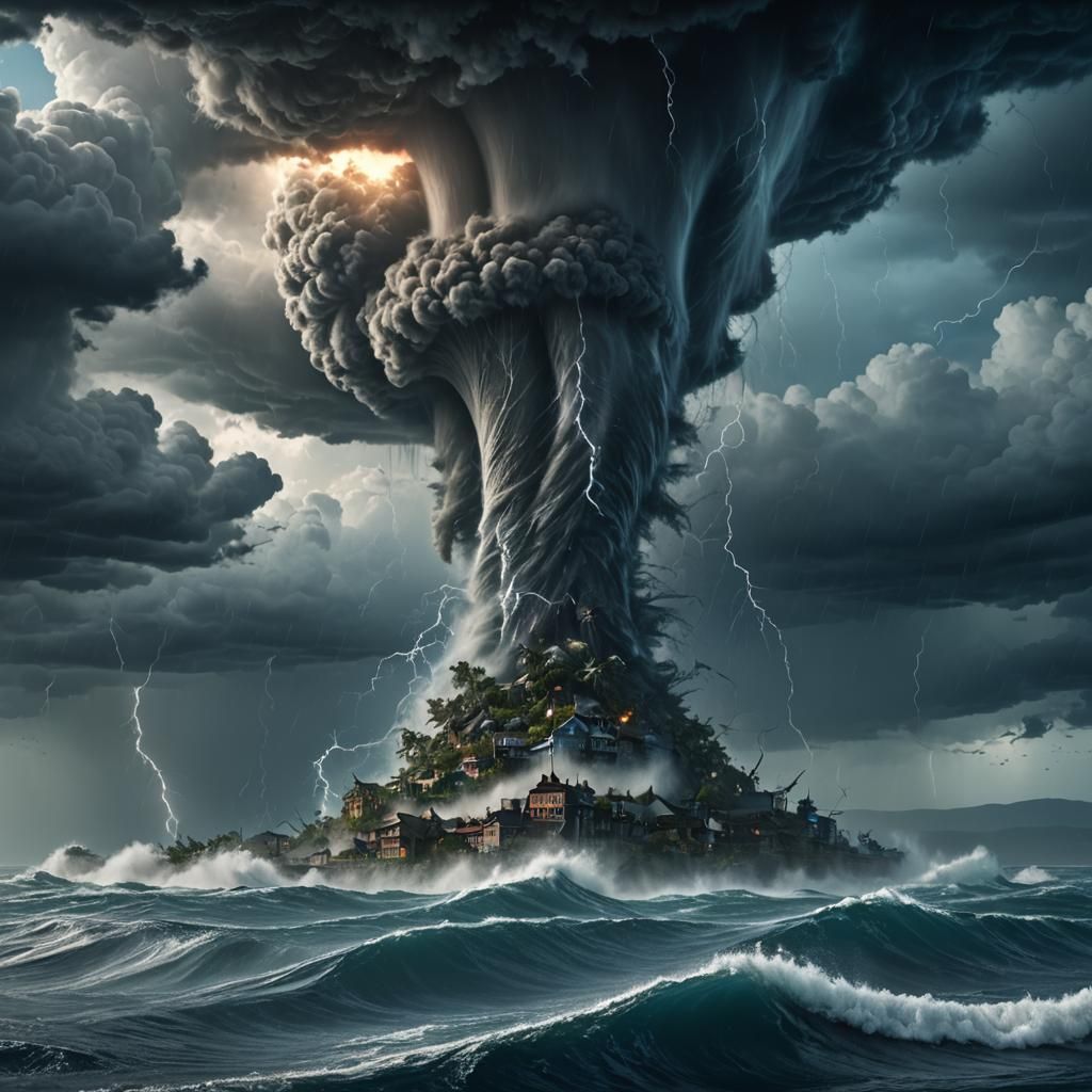  animated large tornado with two big eyes in blue water storm
