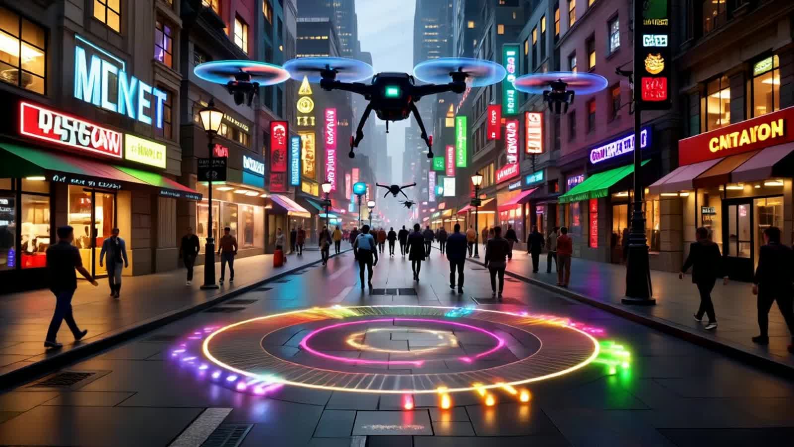 A cyberpunk street filled with glowing holographic protest signs. People move in rhythm as drones scan overhead. At the ...