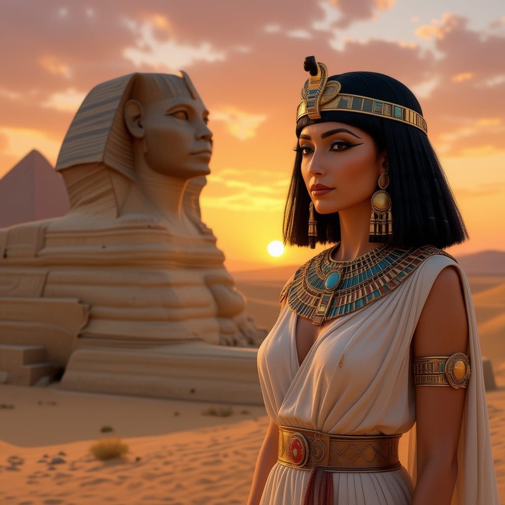 portrét kleopatry v pozadí velká 
sfinga
