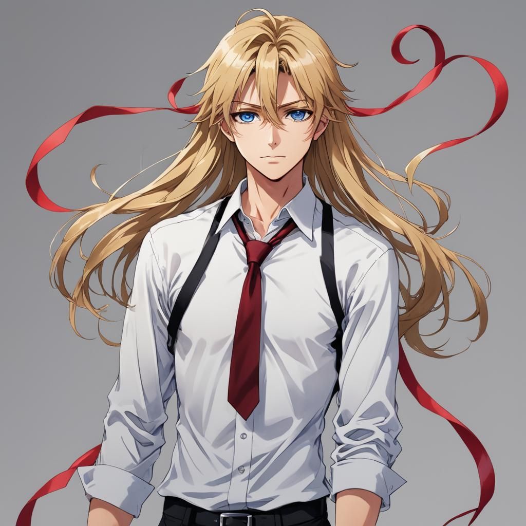 A young man with long, blonde hair that ends at the shoulder...