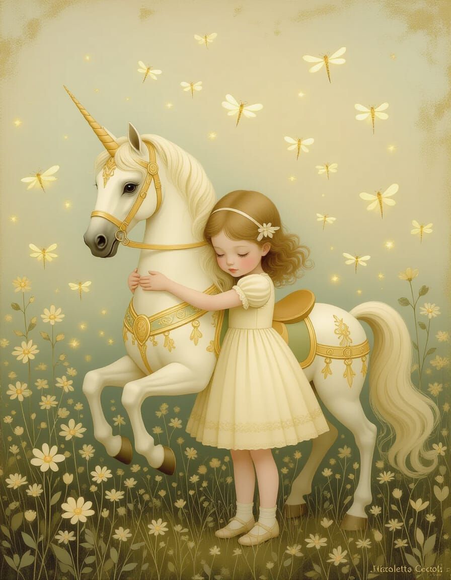 Delicate dreamlike painting by Nicoletta Ceccoli, a little girl hugging a pale yellow carousel horse, ...  by @SaraM