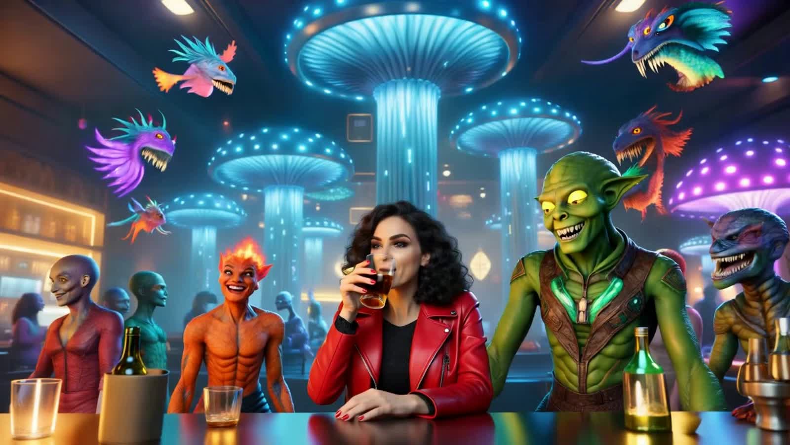 In a surreal, neon-soaked alien nightclub, a glamorous woman with retro pin-up style—dark wavy hair, red lipstick, and a...