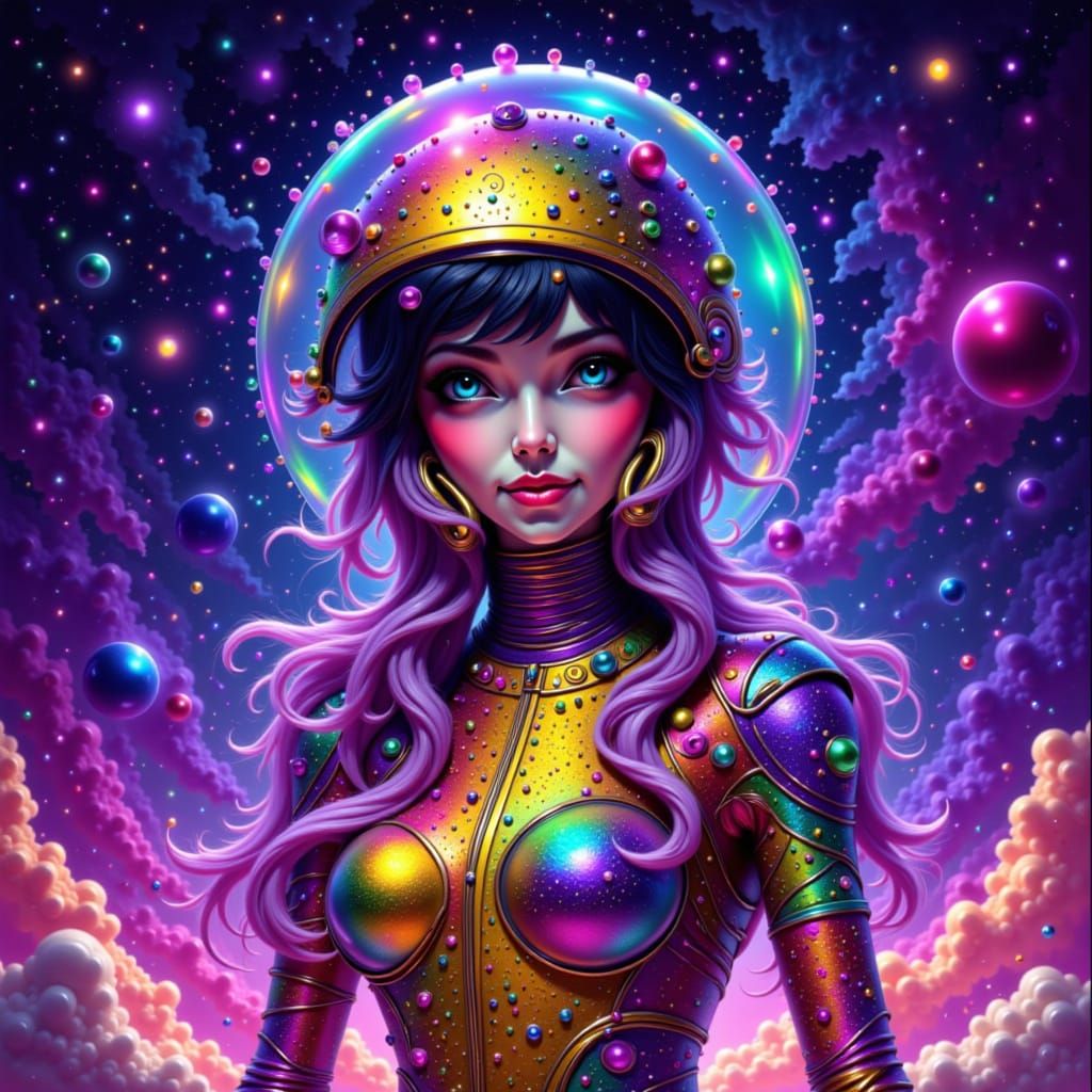 Ladybug alien Explorer Extraordinaire, adorned in a vibrant, iridescent exosuit, stands heroically with a confident smile against a swirling...