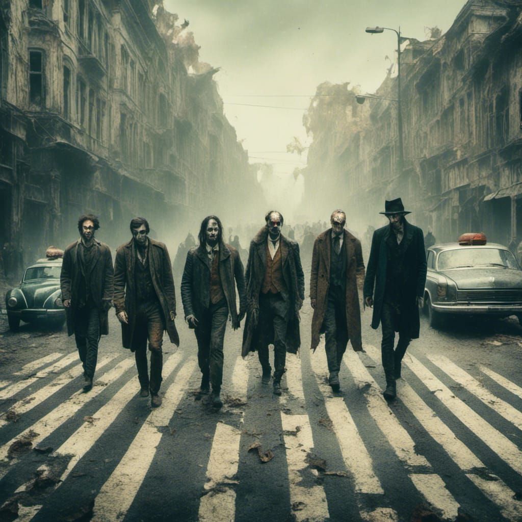 <lora:Macabre:1.0> album cover four men crossing a zebra cro...