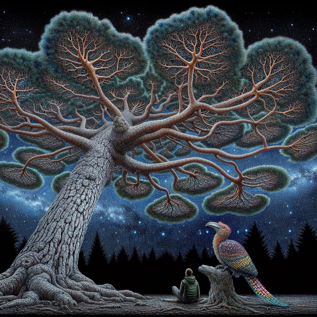 Prehistoric Pine Tree Under a Starry Night Sky