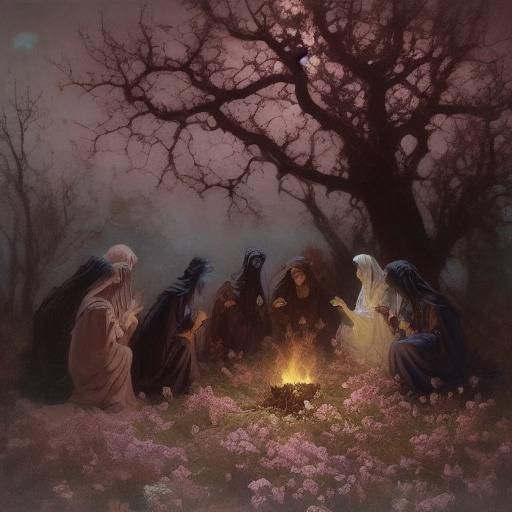 Dark Fantasy Witches' Bonfire in Acrylic Style