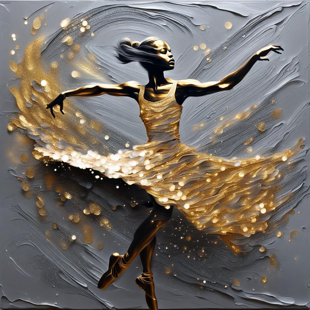 Impasto painting gold grey dancer sauter glittery sparkling dissolving motion blur grainy magic reflective light illumin...
