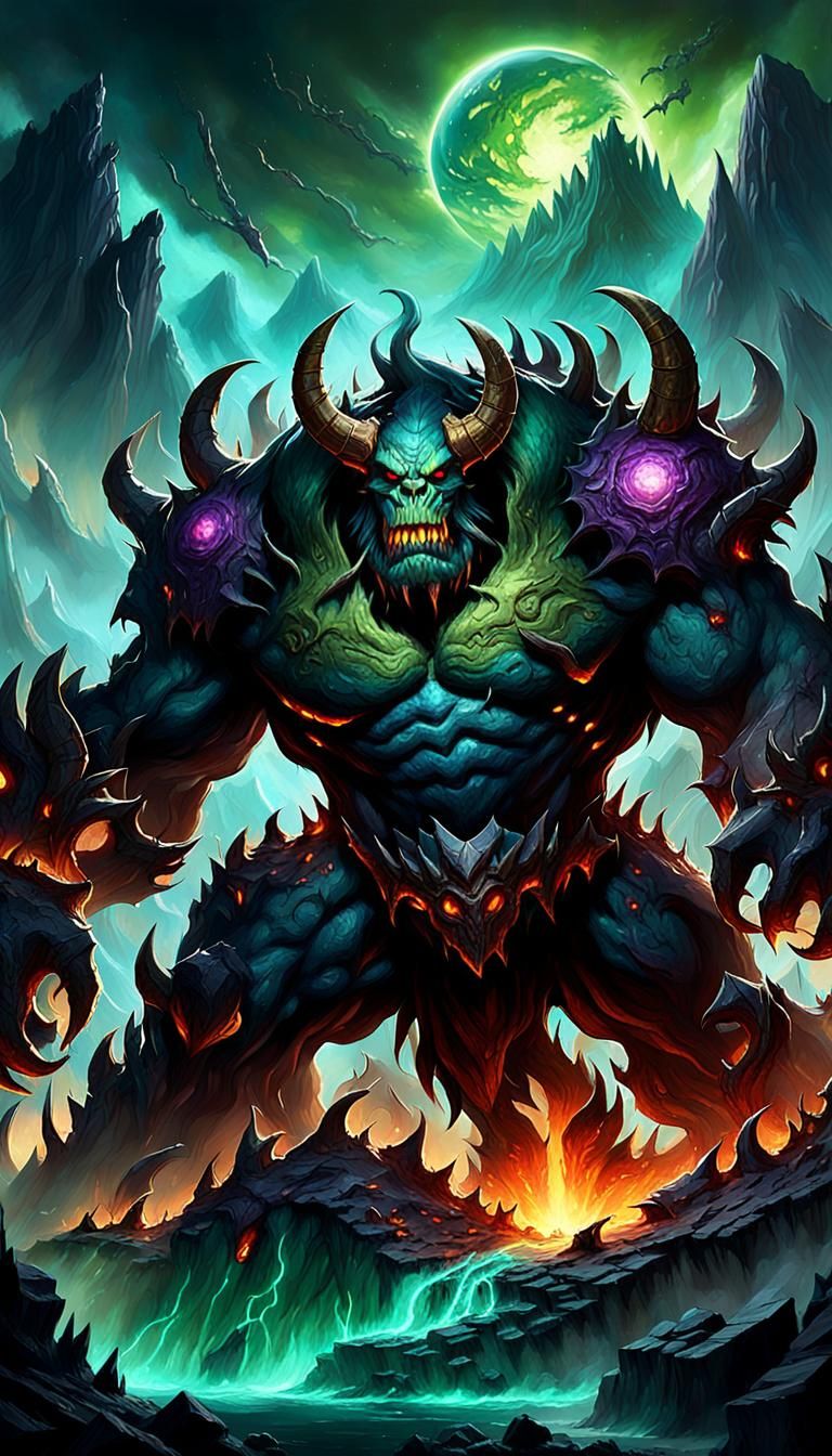 In the epic 2.5D style of World of Warcraft, a monstrous Gai...
