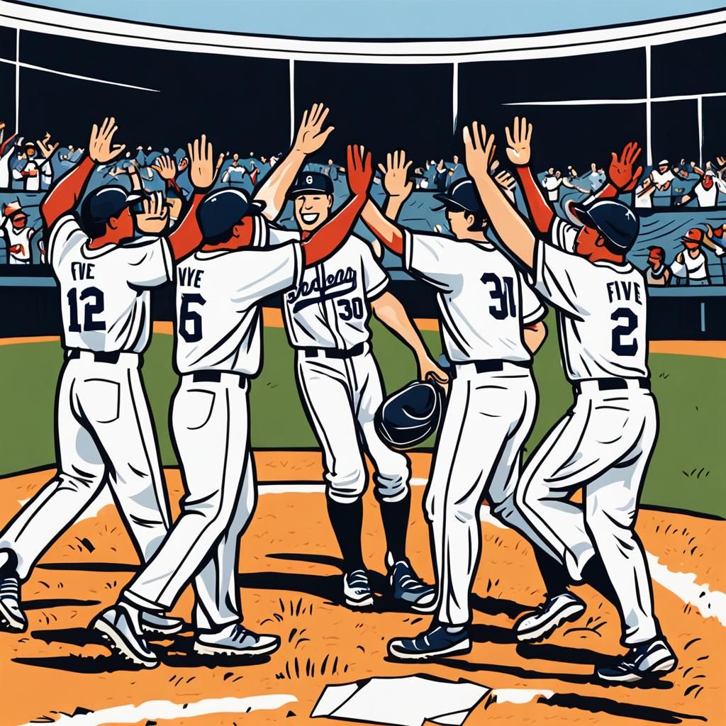 Lively illustration of high fives shared between baseball players ...