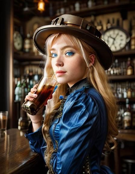 <lora:steampunk:1.0> portrait of pretty steampunk  woman, ,  blond  hair , blue  dress, hat  ,bar, drinking"" steampunk engine 