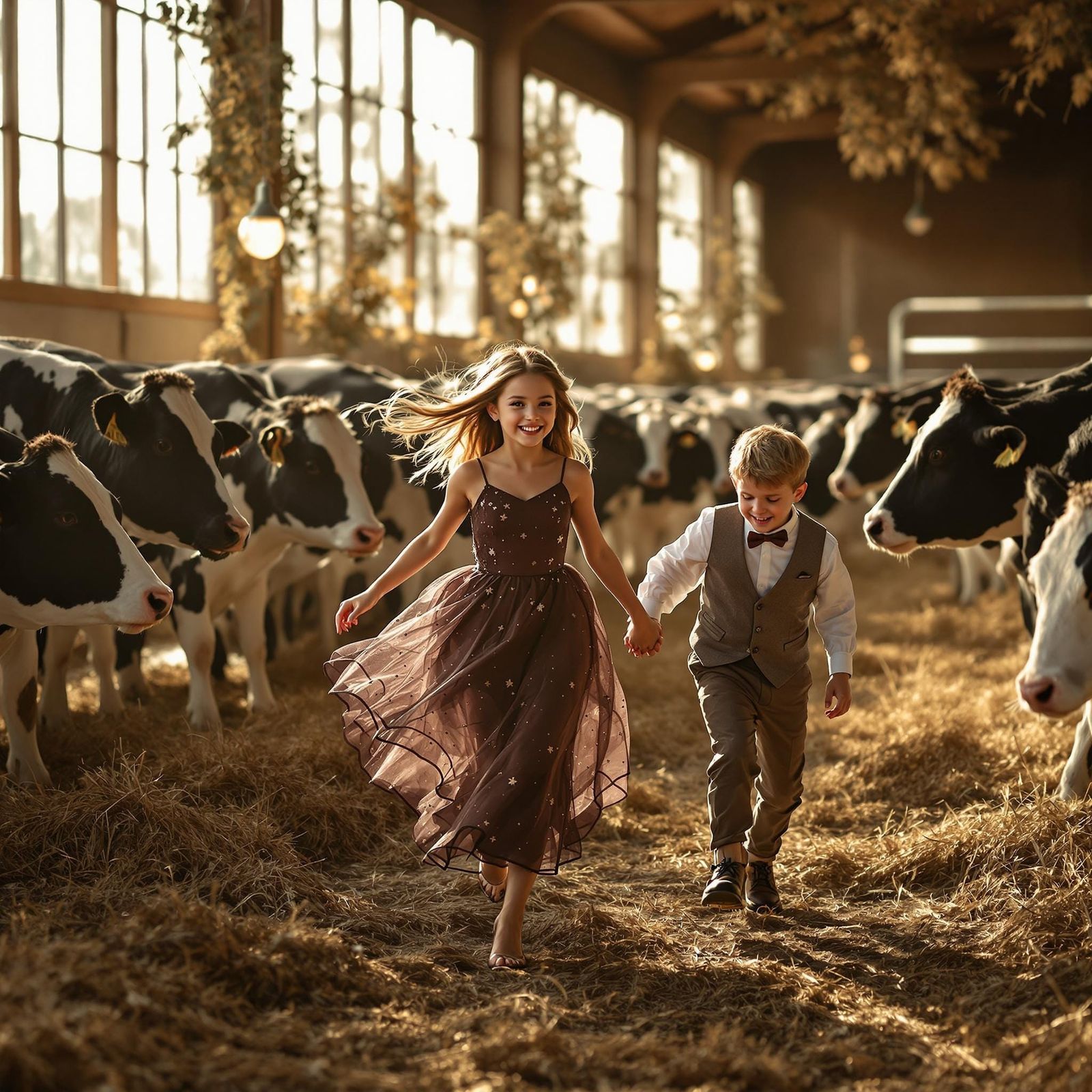 A Boy and Girl Joyfully Run in a Sleek Rural Barn Setting