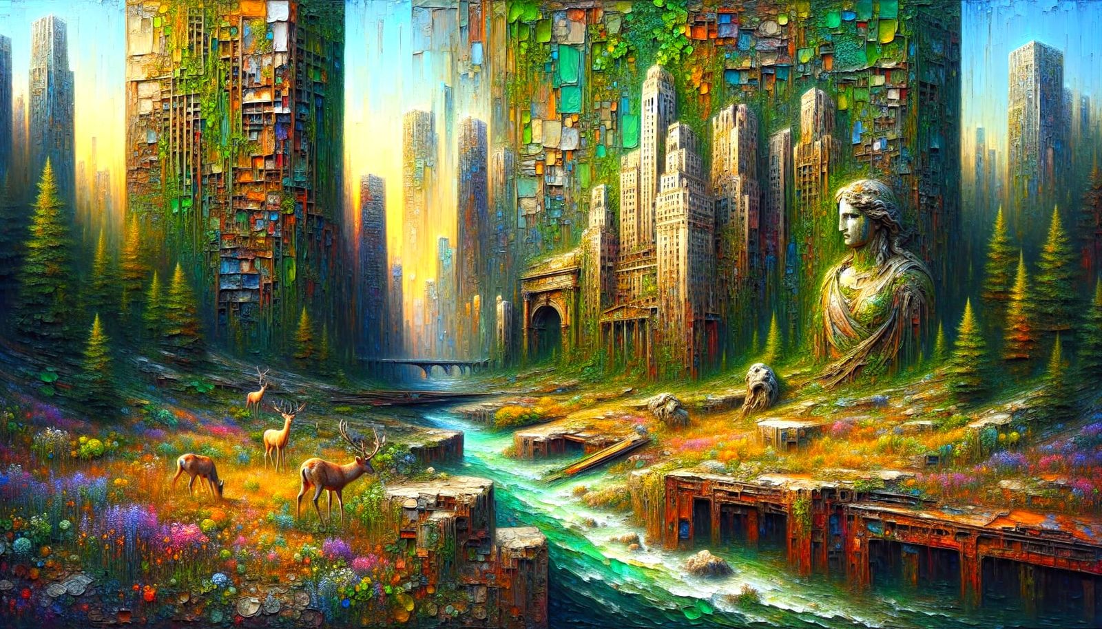 An ultra-hyperrealistic maximalist impasto painting: an ancient, rugged canvas imagining a post-human world reclaimed by...