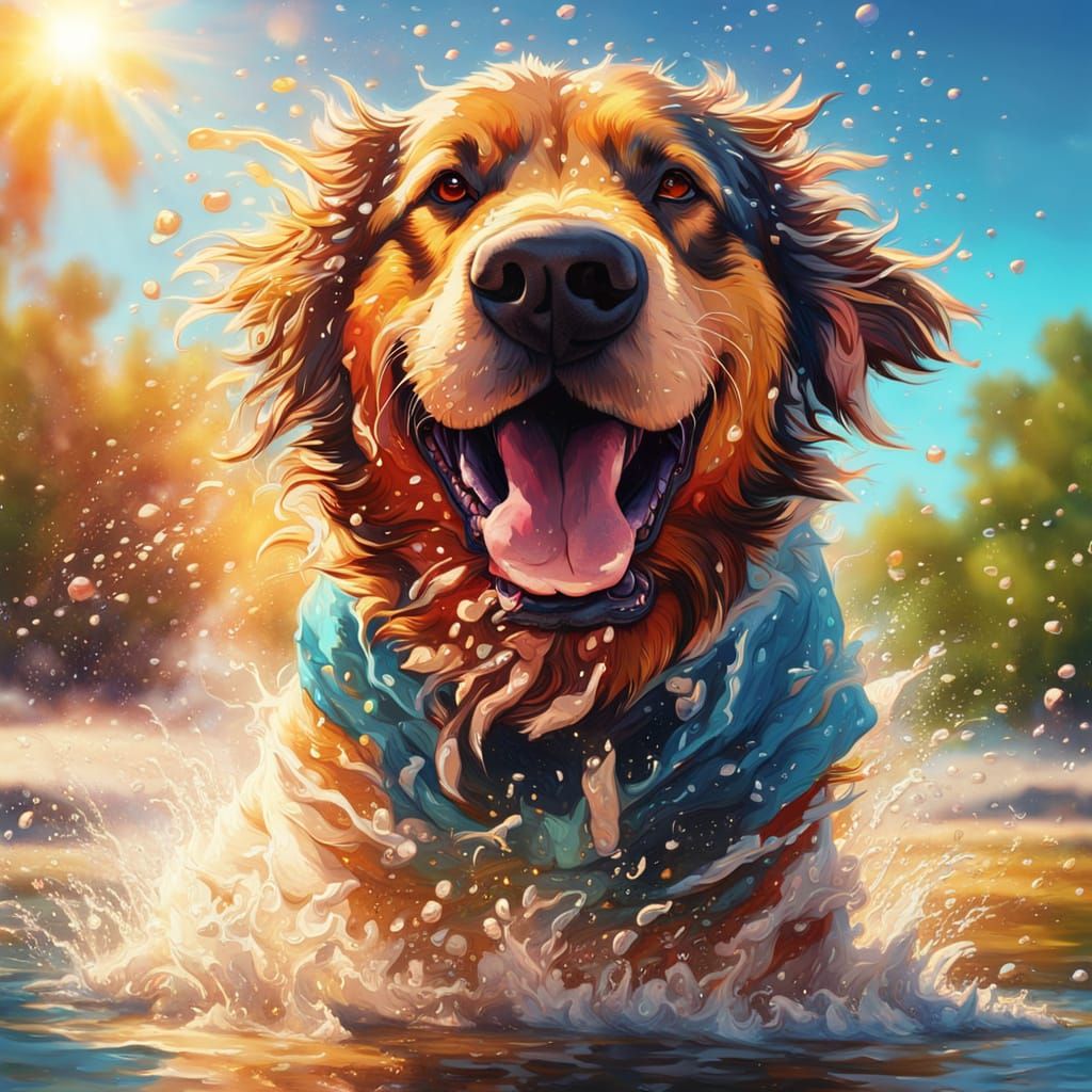 Big dog shaking water off his coat on a hot summer’s day  by @Rachel the Authentic