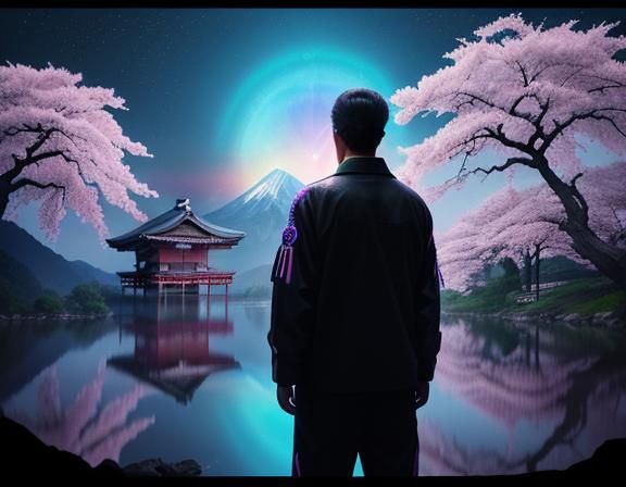 A beautiful ancient sakura tree in front of a lake. Mountain...