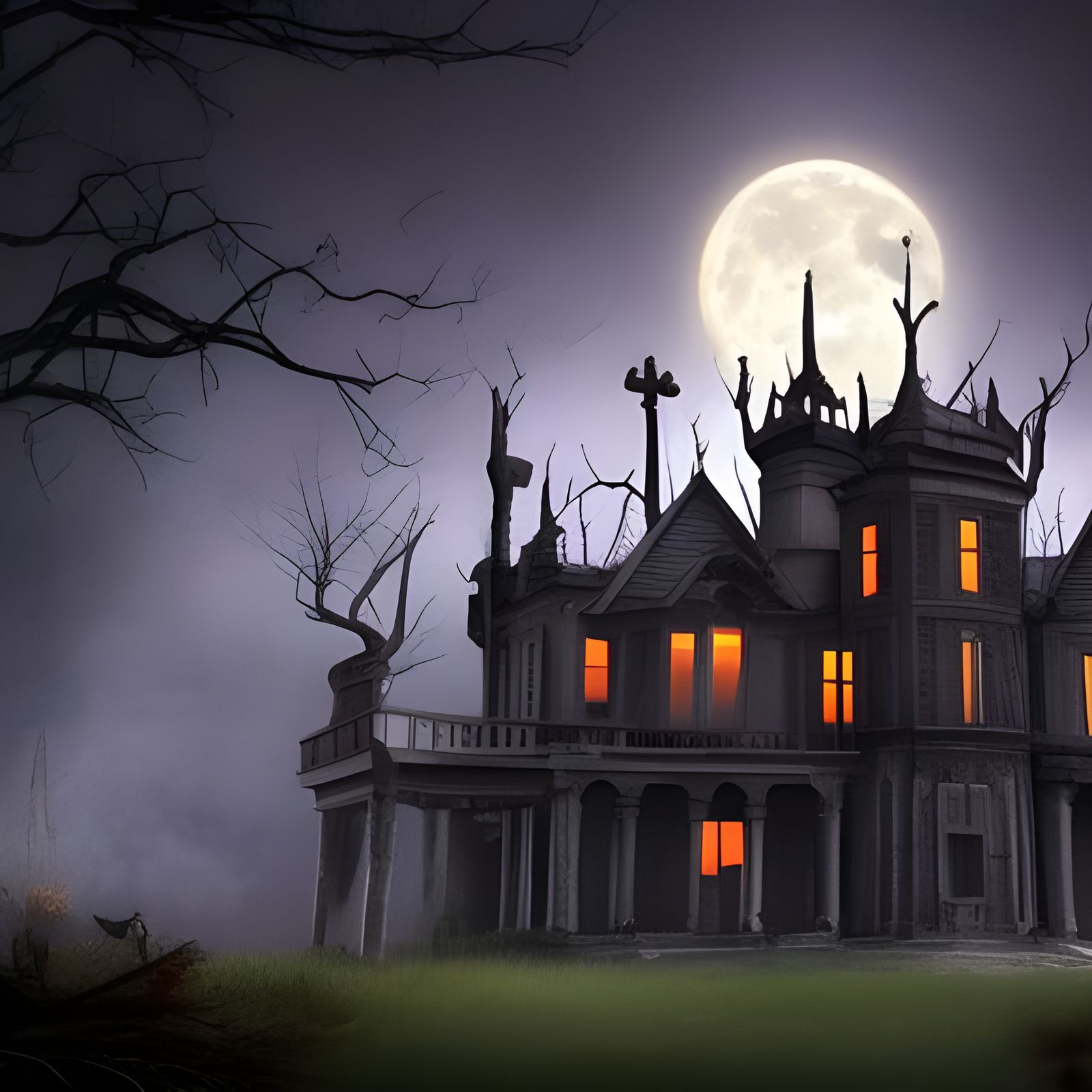 Haunted house full moon people with flashlights