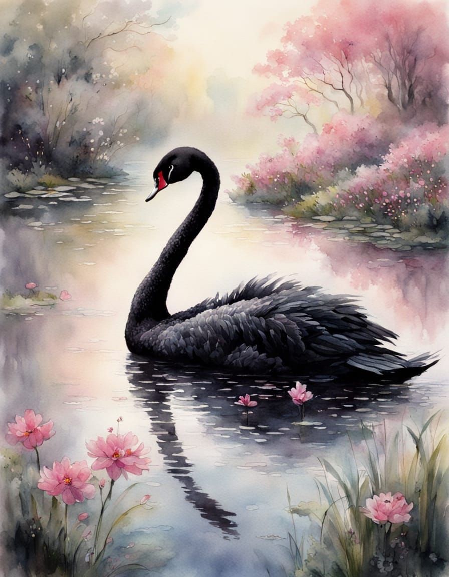 Majestic Black Swan on Sunlit Pond