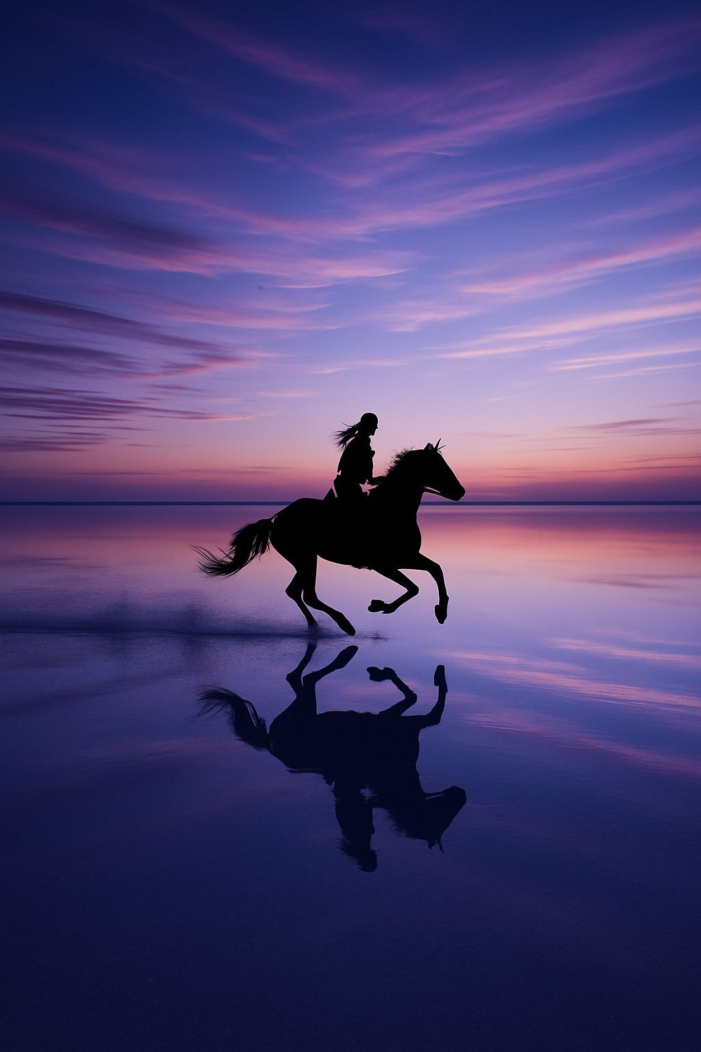 A photograph taken from an overhead aerial angle captures the silhouette of a lone horseback rider galloping across a shimmering salt flat a...