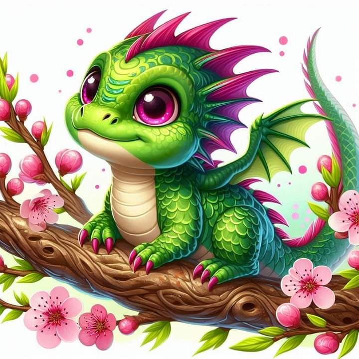 Un dragón en pequeño, sobre una rama de un cerezo......