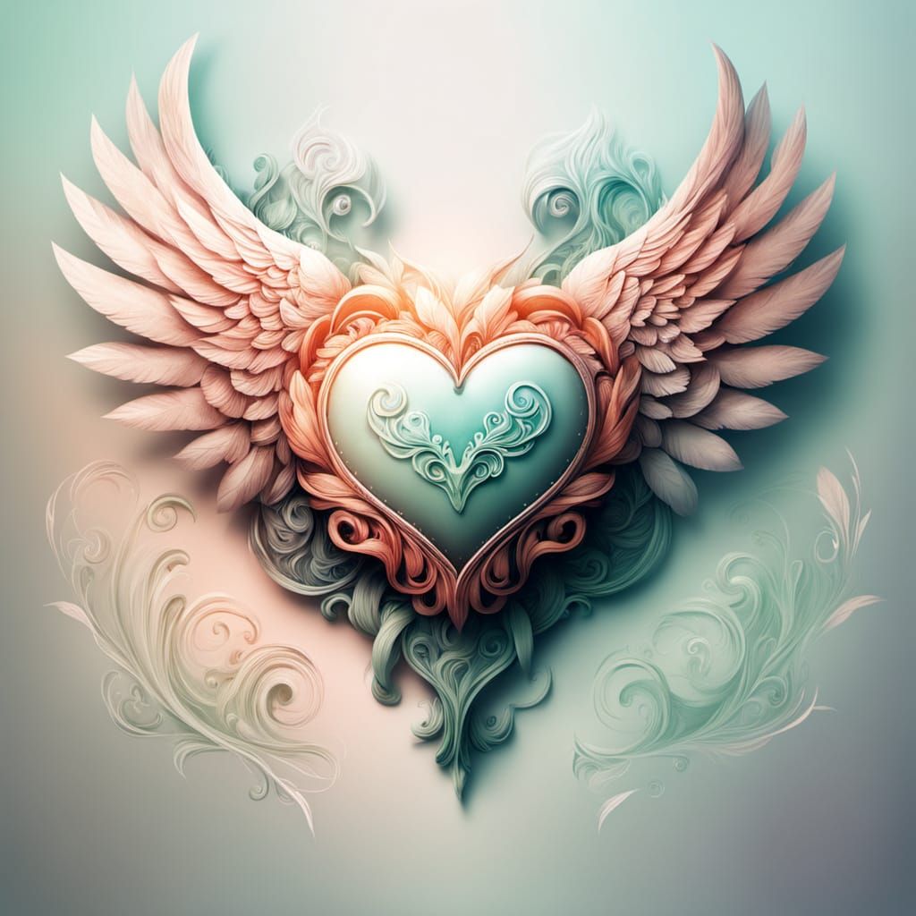 Angel heart with Wings in golden And pastel colors