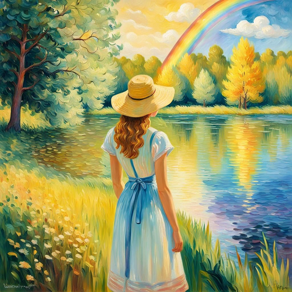 a sunny glade, a small lake, a beautiful girl looking at a rainbow shimmering with colors, great scenery ...  by @GRAZYNA-BARBARA