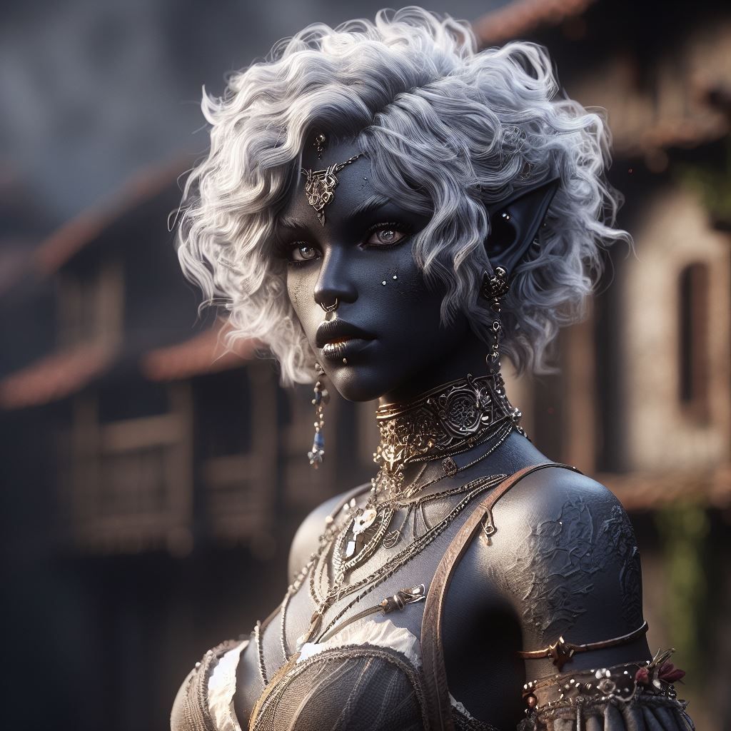 An gray-skinned drow woman" | muscular | dark gray skin | short_neck | curly_white_hair | piercings | jewelry